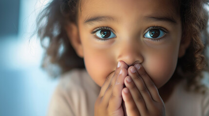Portrait of adorable child with expressive eyes, hands covering mouth, close-up, innocence concept