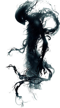 A shadowy figure, rendered in a dark and abstract style, evokes a sense of mystery and haunting presence. The figure's form is indistinct, with swirling lines and tendrils that suggest a spectral bein