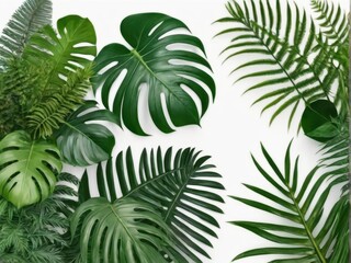 A collection of lush green leaves arranged artistically on a white background, ideal for nature-themed designs.
