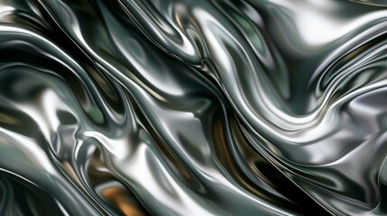 Abstract background with liquid metal texture. Contemporary metallic silver and green dynamic backdrop