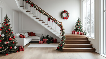 modern christmas interior with decorated stairs