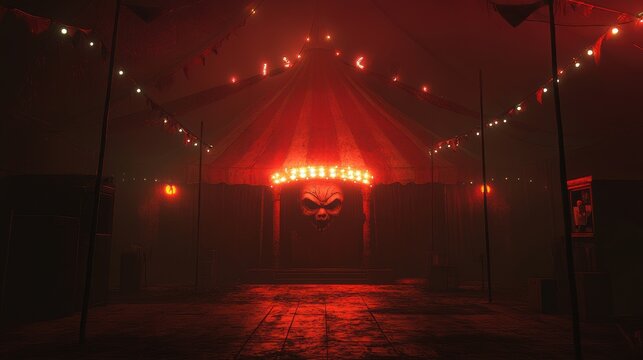 Dimly lit circus tent with eerie atmosphere and scary clown motif at night