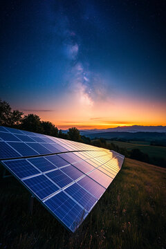 solar panels in the night field with starry sky