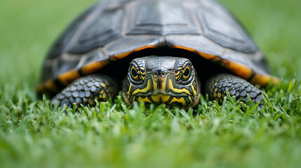 Obraz premium Closeup of a turtle resting on green grass, vibrant wildlife, turtle close-up view, reptile portrait, nature concept