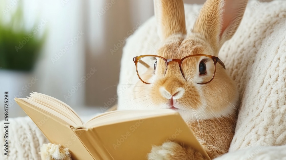 Canvas Prints A rabbit wearing glasses and reading a book on the couch, AI