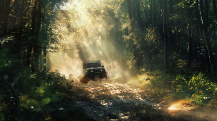 A truck driving through a dense forest trail, with sunlight filtering through the trees and the vehicle kicking up a trail of dust, highlighting the excitement of off-road exploration