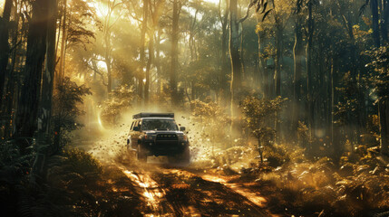 A truck driving through a dense forest trail, with sunlight filtering through the trees and the vehicle kicking up a trail of dust, highlighting the excitement of off-road exploration