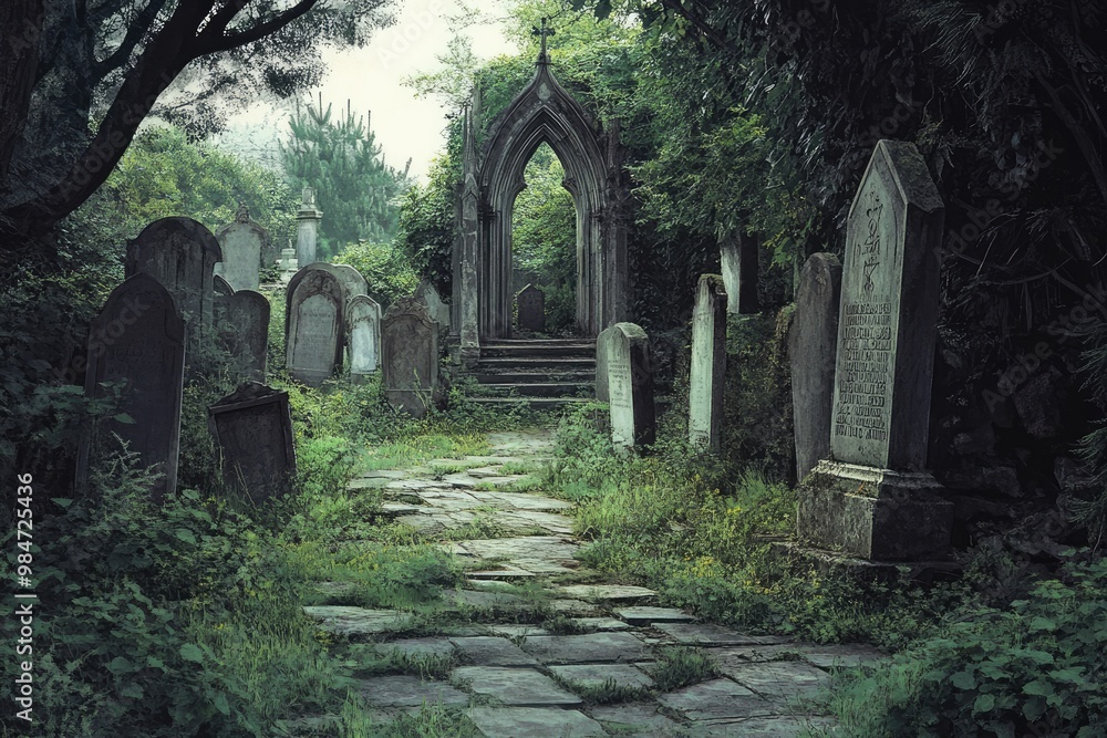 Poster An overgrown pathway leads to a gothic archway in a cemetery.