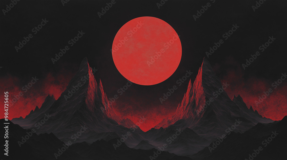 Poster two symmetrical mountains, with the tops of each mountain shaped like two thin peaks reaching toward