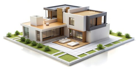 Modern house maquette on white background with floor plans, modern, house, maquette, plans, floor, white background
