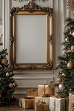 mock up poster in the room with christmas decorations 