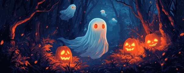 Spooky Halloween scene with glowing jack-o'-lanterns and ghosts in a dark, mysterious forest