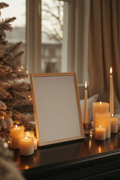 mock up poster in the room with christmas decorations 