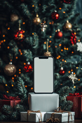 blank phone screen on background with christmas tree, lights and gifts