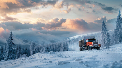A truck climbing a steep, snowy hill with chains on the tires, surrounded by a forest of snow-covered trees and a cloudy winter sky above