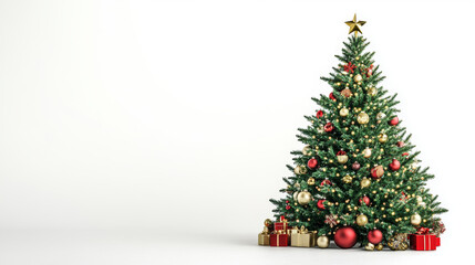 Christmas tree decorated with red, gold ornaments, star topper with presents underneath, isolated on white background, festive holiday concept