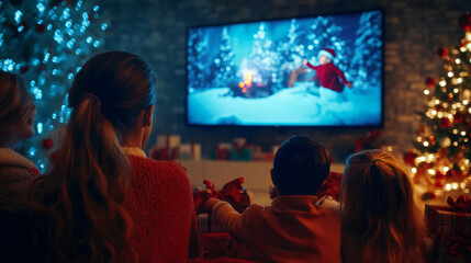Family, children watching Christmas movie, illuminated tree, festive spirit, cozy winter, holiday season, festive atmosphere, enjoyment, family time concept