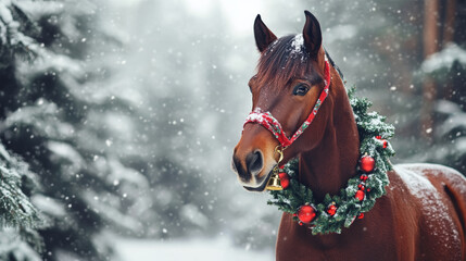 Majestic horse adorned with Christmas wreath in snowy forest, winter holiday, festive, Christmas spirit, seasonal, equine beauty, winter wildlife, snowy landscape concept