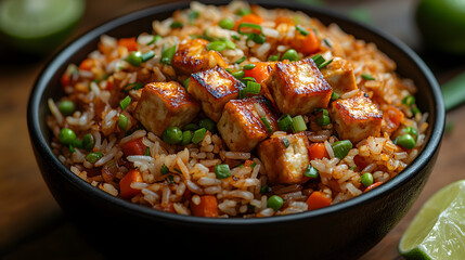 Fototapeta premium A delicious bowl of fried rice with tofu, peas, and colorful vegetables, garnished with fresh herbs and lime. Perfect for any meal.