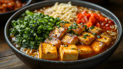 A delicious bowl of ramen with tofu, vegetables, and rich broth, perfect for a comforting meal or culinary photography.