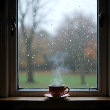 Taza de t&eacute; caliente humeante junto a una ventana con gotas de lluvia y un paisaje con &aacute;rboles en el exterior