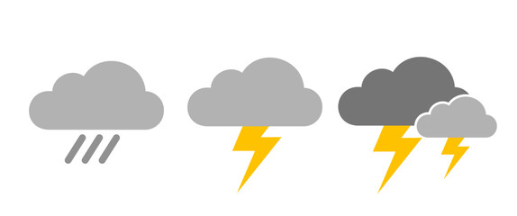 Isolate Rainy Weather vector icon set. Weather symbol for web. Forecast illustration in flat style. Pictogram Contain rain, Lightning, strom, vector stock (Editable)