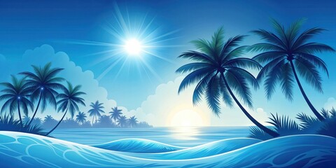 Obraz premium Blue of summer vibes with palm trees, waves, and sun on wallpaper background, blue