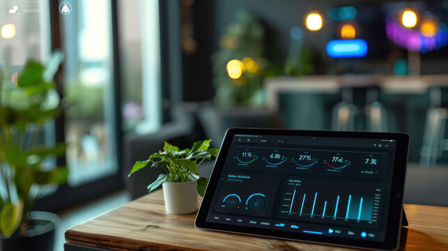 A smart home interface on a tablet showing energy usage statistics, with efficient lighting controls, demonstrating the benefits of monitoring and optimizing energy use