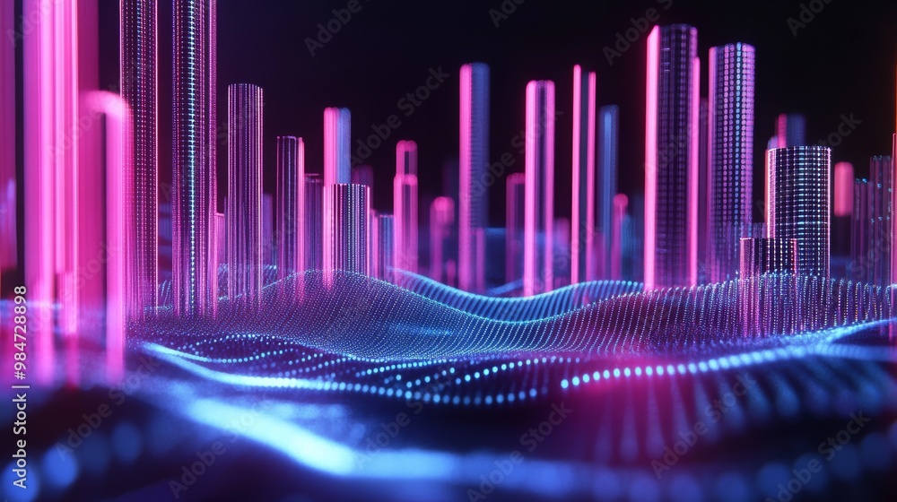Poster vibrant neon waves visualizing sound and data within an immersive digital landscape of creativity an