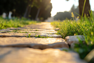 Obraz premium A timeline displayed along a stonepaved pathway in an ancient city, merging history with development timeline, ancient pathway, historical development