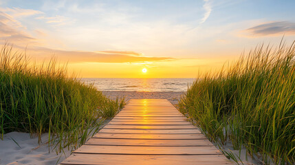 A wooden boardwalk pathway leading to a glowing sunset, with timeline markers along the way timeline, scenic pathway, sunset journey