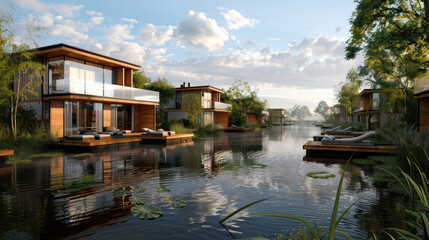 Obraz premium A row of houses are built on a lake, with the water reflecting the sunset. The houses are all different sizes and styles, but they all have a similar design