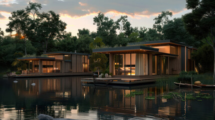 Obraz premium A row of houses are built on a lake, with the water reflecting the sunset. The houses are all different sizes and styles, but they all have a similar design