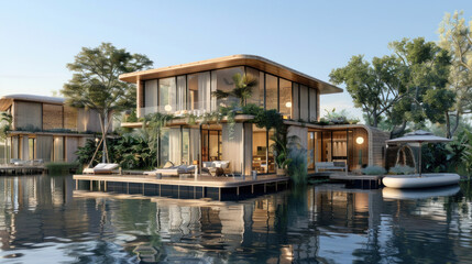 A row of houses are built on a lake, with the water reflecting the sunset. The houses are all different sizes and styles, but they all have a similar design