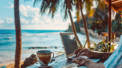 A person is typing on a laptop at a beach with a cup of coffee next to them. Concept of relaxation and leisure, as the person enjoys their work while taking in the beautiful ocean view