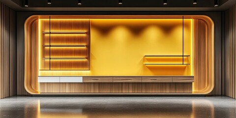 Obraz premium dark yellow and white wooden luxury wall retail display shelf with drawer and wooden panels wall 
