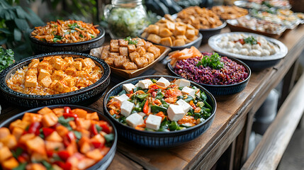 Fototapeta premium A vibrant spread of colorful salads and appetizers on display, showcasing fresh ingredients and diverse plant-based dishes.