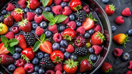 Fototapeta premium Vibrant berries creating multicolored contrast in black water tank, berries, vibrant, colorful, contrast, black, tank