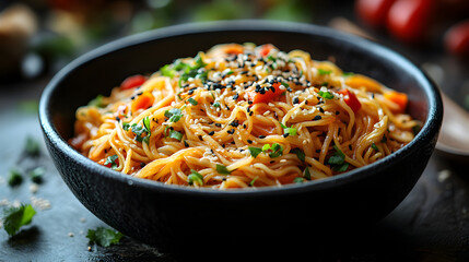 Delicious bowl of noodles garnished with sesame seeds and fresh herbs, perfect for a comforting meal or food photography.