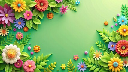 Paper style spring background with colorful flowers and green leaves, paper, style, spring, background, colorful, flowers, green