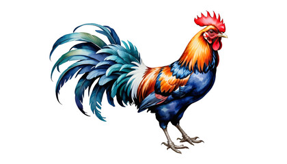 Fototapeta premium beautiful colored rooster vibrant background white rooster domestic olated watercolor illustration bird nice pose rooster watercolor chicken year illustration cock new farm background isolated