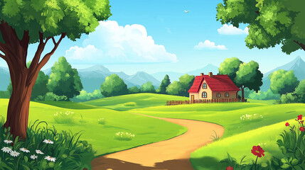 a cute cartoon vector illustration flat cartoon of Green meadow landscape and country house.