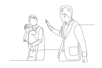Dad said goodbye while working. Families in japan concept one-line drawing