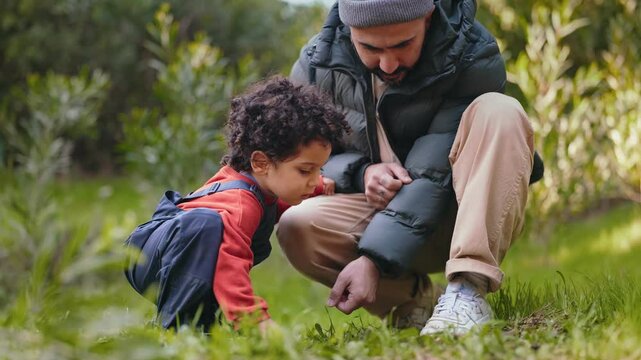 Dedicated father and young son engage in a bonding activity by digging a hole to plant a tree in the garden, teaching environmental care.