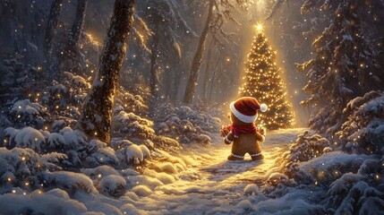 Fototapeta premium a very cute gingerbread wearing christmas hat holding christmas gift in a snowy landscape