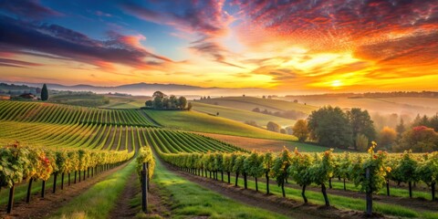 Naklejka premium Vineyard in the morning with colorful skies and detailed landscapes, vineyard, winery, valley, sunrise, sunset, sun