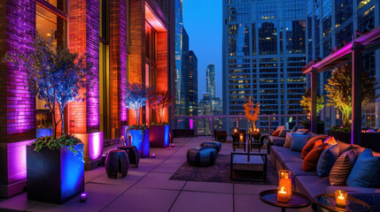 A rooftop event with modern LED uplighting highlighting architectural features, combined with soft, ambient lighting for a chic and stylish atmosphere