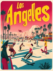 Enjoy a lively day in Los Angeles where enthusiastic skaters glide along the sun-soaked beachside. Palm trees sway in the breeze as colorful attractions and mountaintops create an inviting atmosphere.