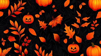 Halloween themed background with pumpkins and autumn leaves on black.