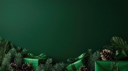 Christmas gifts with green wrapping and pinecones on a rich green background.